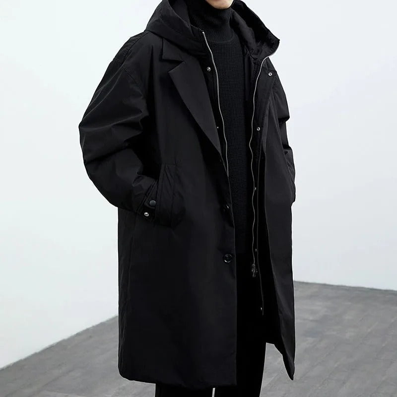 Men's Long Waterproof Puffer Trench Coat With Hood