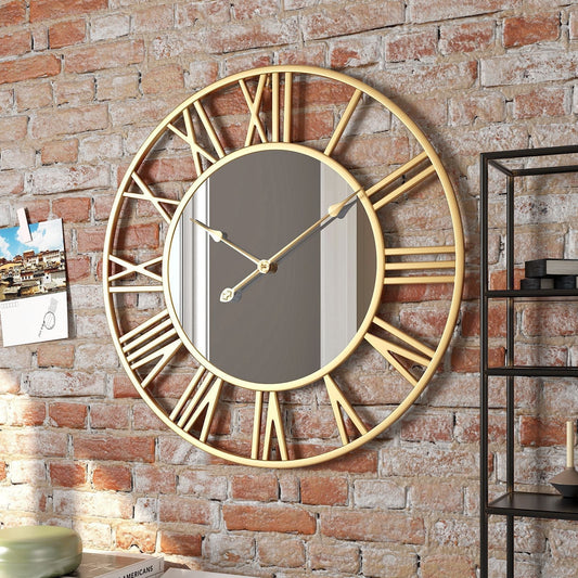 Metal Vintage Large Size Mirror Wall Clock - 39cm Gold NALANI