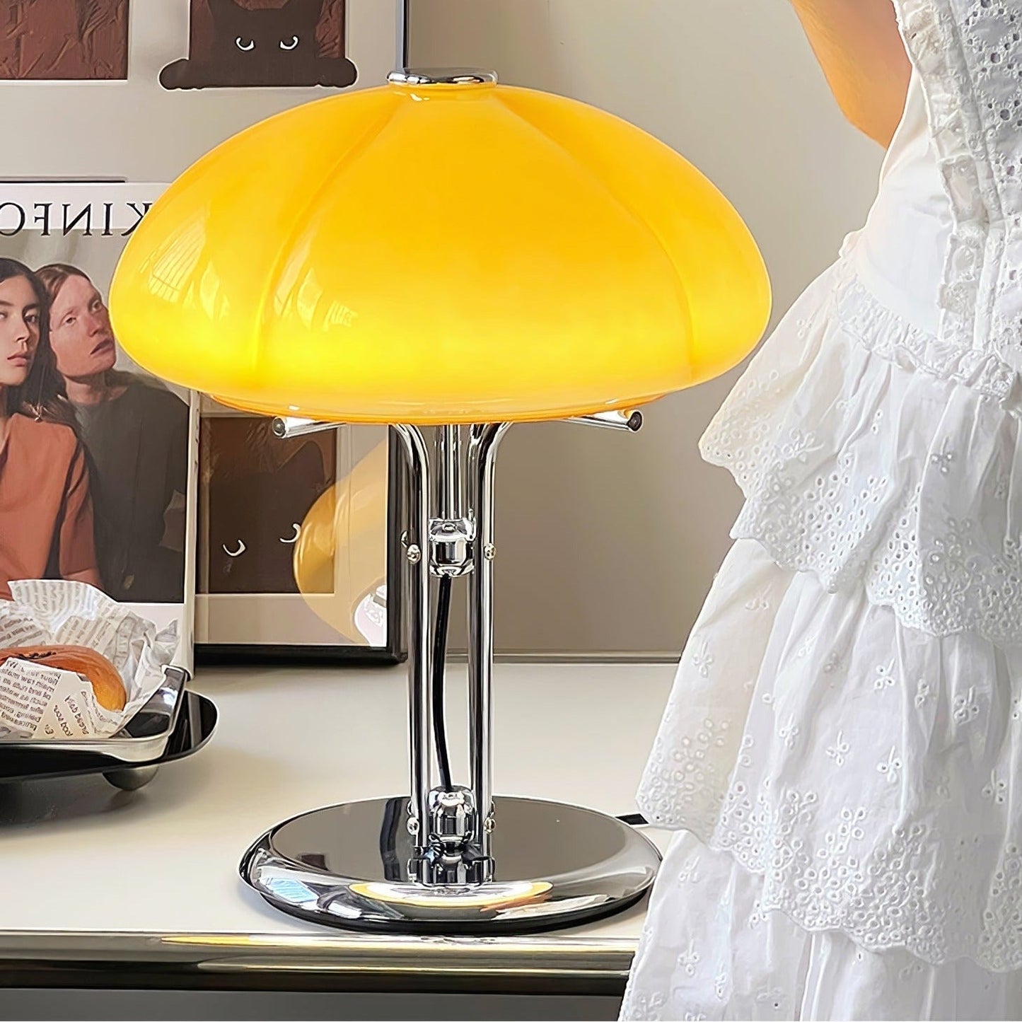 Mushroom Bauhaus Tablelamp with Amber Glass Shade and Metal Base NALANI