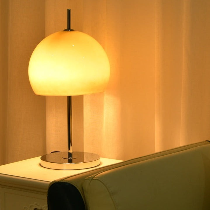 Mushroom Bauhaus Tablelamp with Amber Glass Shade and Metal Base NALANI