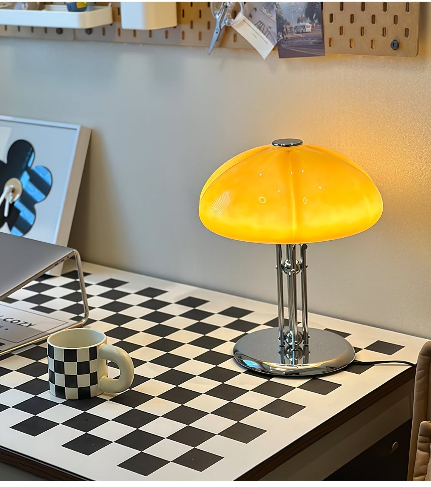 Mushroom Bauhaus Tablelamp with Amber Glass Shade and Metal Base NALANI