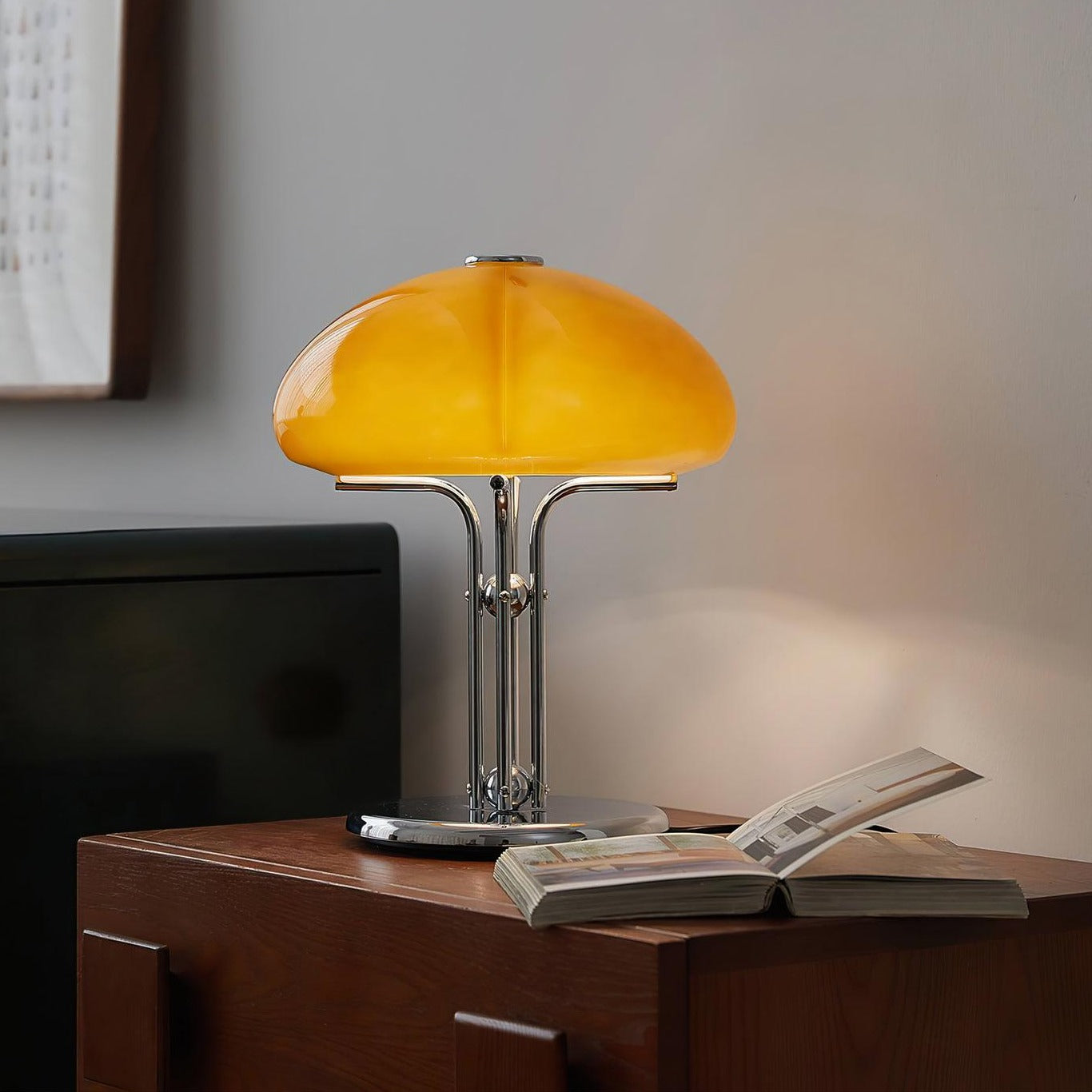 Mushroom Bauhaus Tablelamp with Amber Glass Shade and Metal Base NALANI