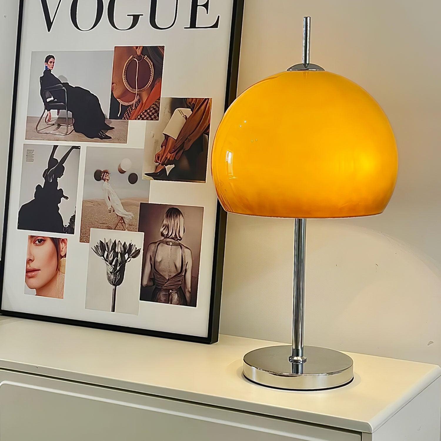 Mushroom Bauhaus Tablelamp with Amber Glass Shade and Metal Base NALANI