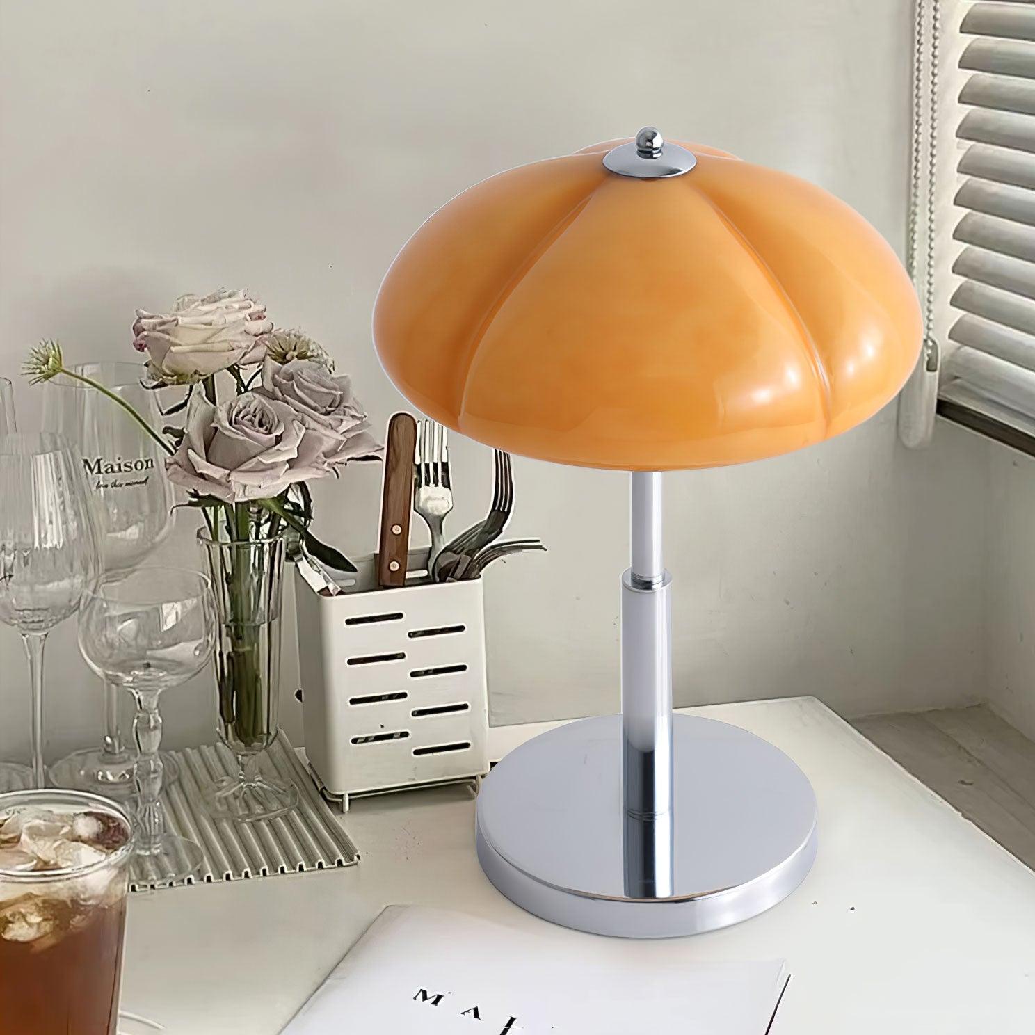 Mushroom Bauhaus Tablelamp with Amber Glass Shade and Metal Base NALANI