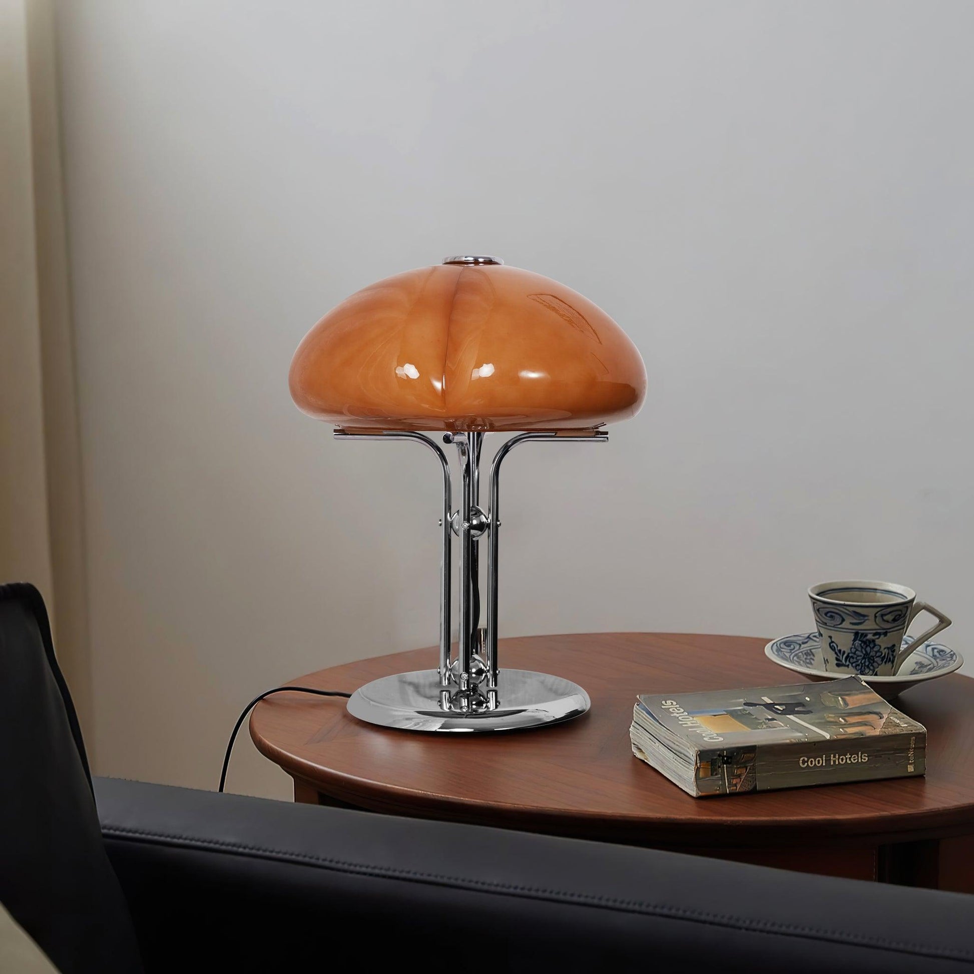 Mushroom Bauhaus Tablelamp with Amber Glass Shade and Metal Base NALANI