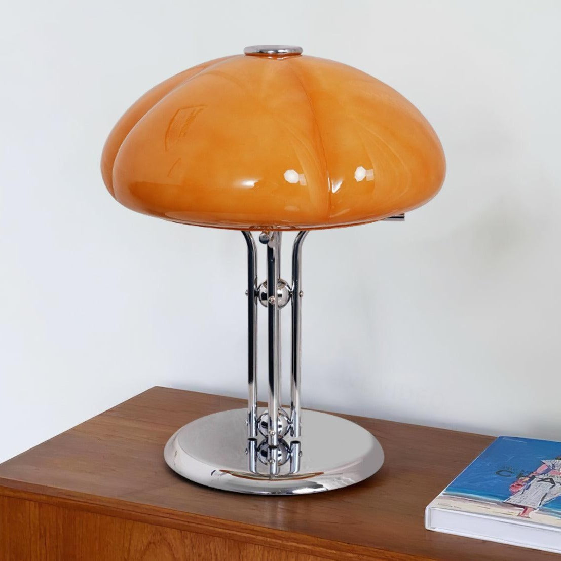 Mushroom Bauhaus Tablelamp with Amber Glass Shade and Metal Base NALANI