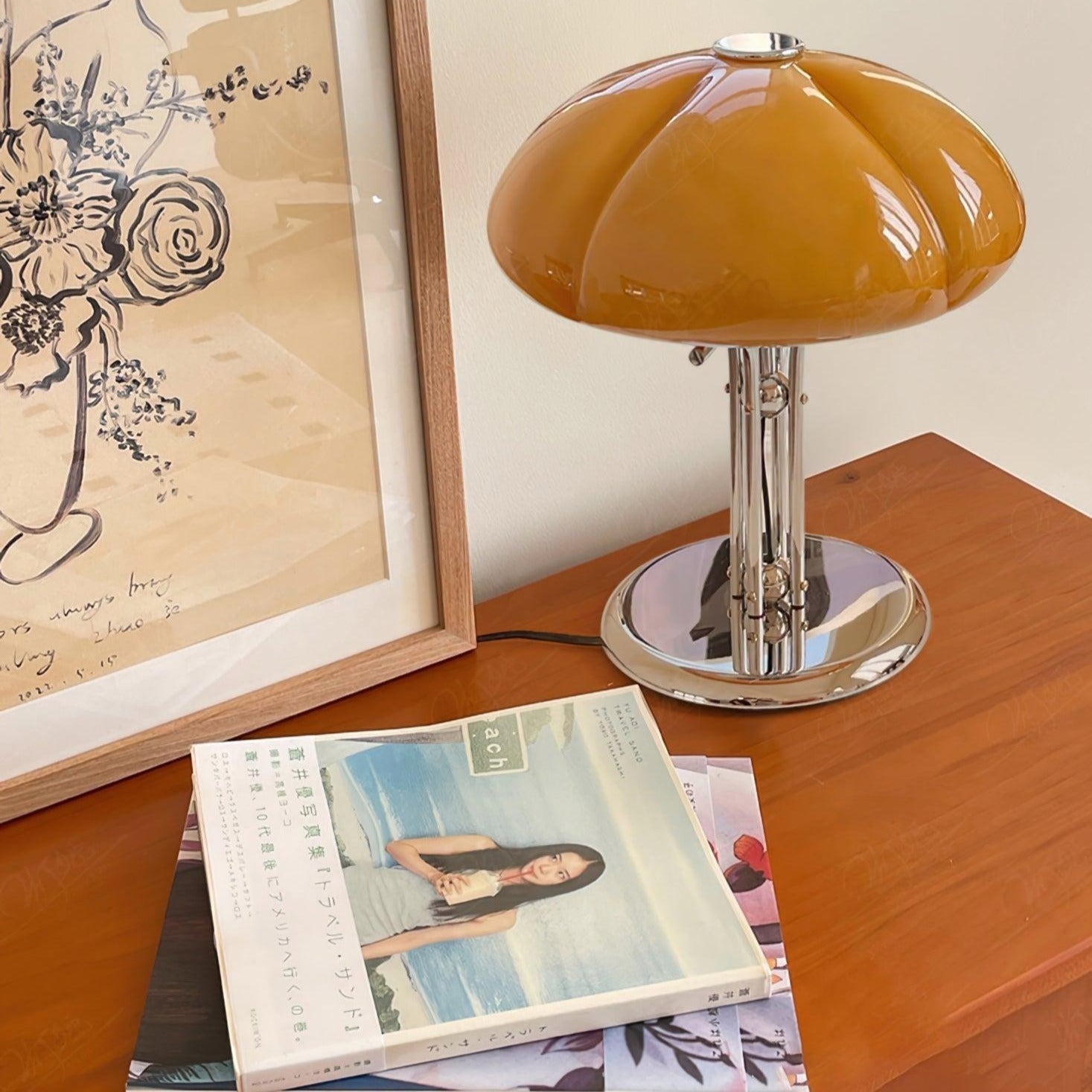 Mushroom Bauhaus Tablelamp with Amber Glass Shade and Metal Base NALANI