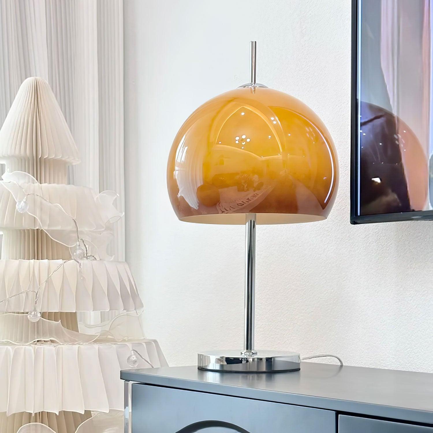 Mushroom Bauhaus Tablelamp with Amber Glass Shade and Metal Base NALANI