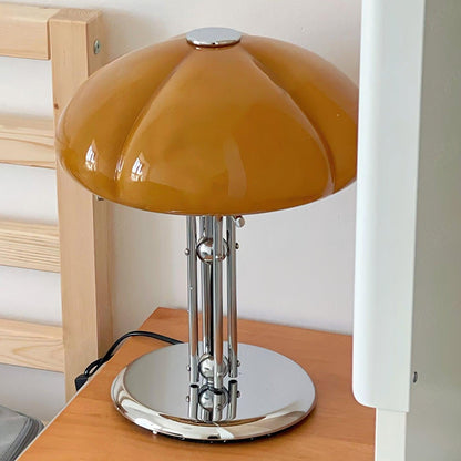 Mushroom Bauhaus Tablelamp with Amber Glass Shade and Metal Base NaLani