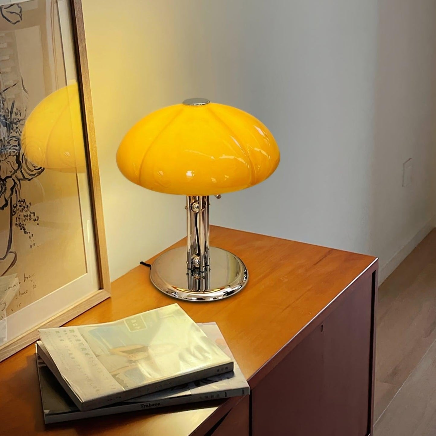 Mushroom Bauhaus Tablelamp with Amber Glass Shade and Metal Base NALANI