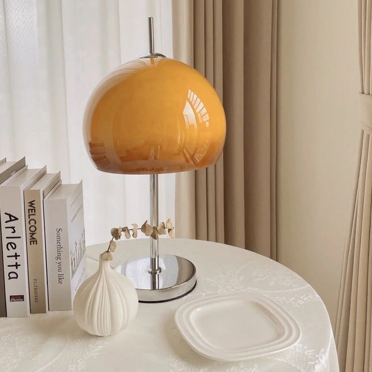 Mushroom Bauhaus Tablelamp with Amber Glass Shade and Metal Base NALANI