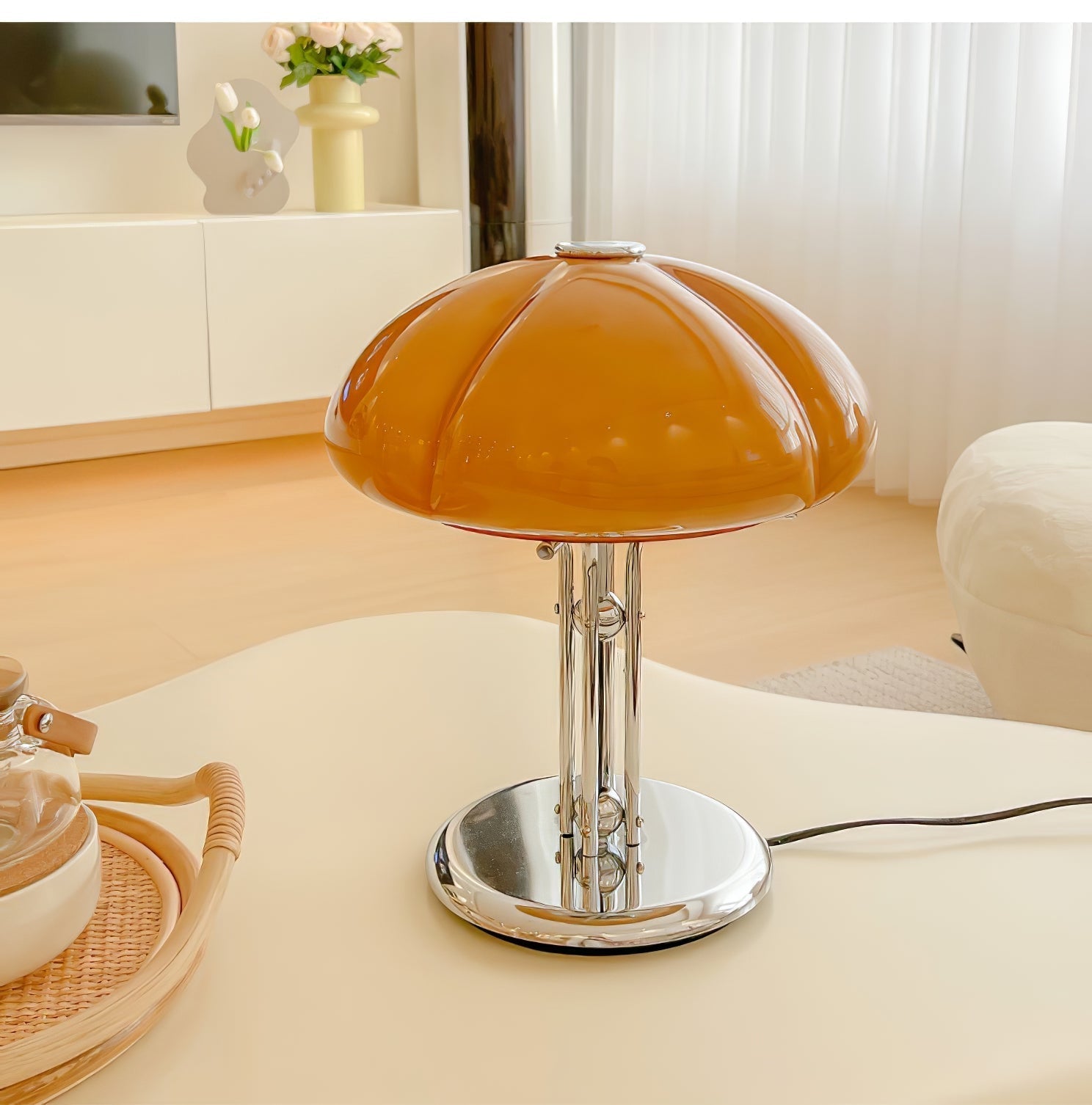 Mushroom Bauhaus Tablelamp with Amber Glass Shade and Metal Base NALANI