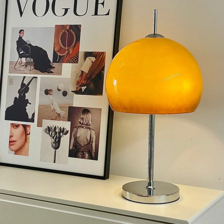 Mushroom Bauhaus Tablelamp with Amber Glass Shade and Metal Base NALANI