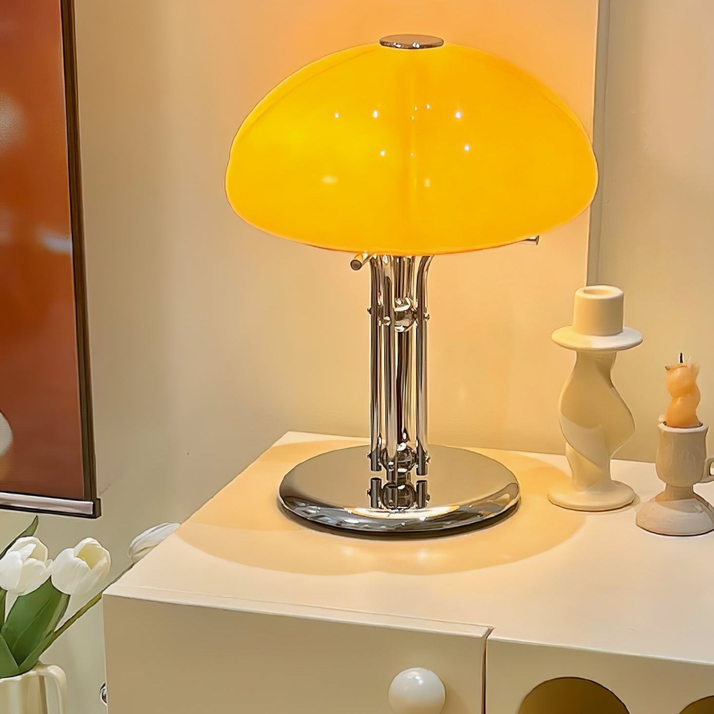 Mushroom Bauhaus Tablelamp with Amber Glass Shade and Metal Base NALANI