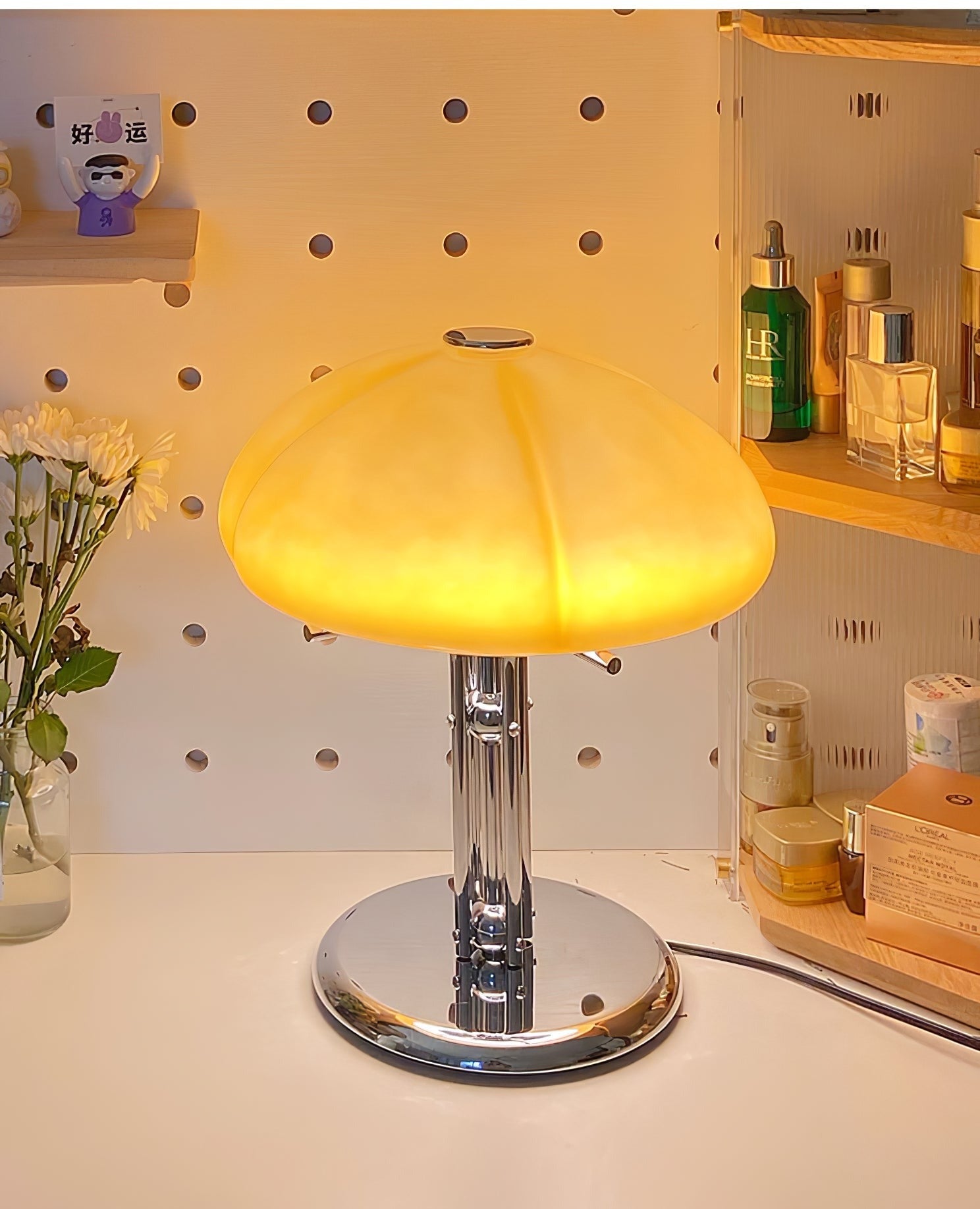 Mushroom Bauhaus Tablelamp with Amber Glass Shade and Metal Base NALANI