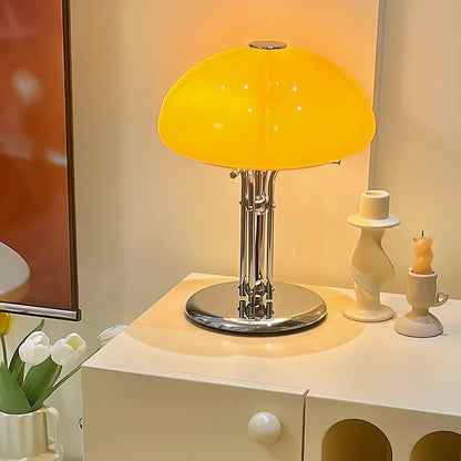 Mushroom Bauhaus Tablelamp with Amber Glass Shade and Metal Base NaLani