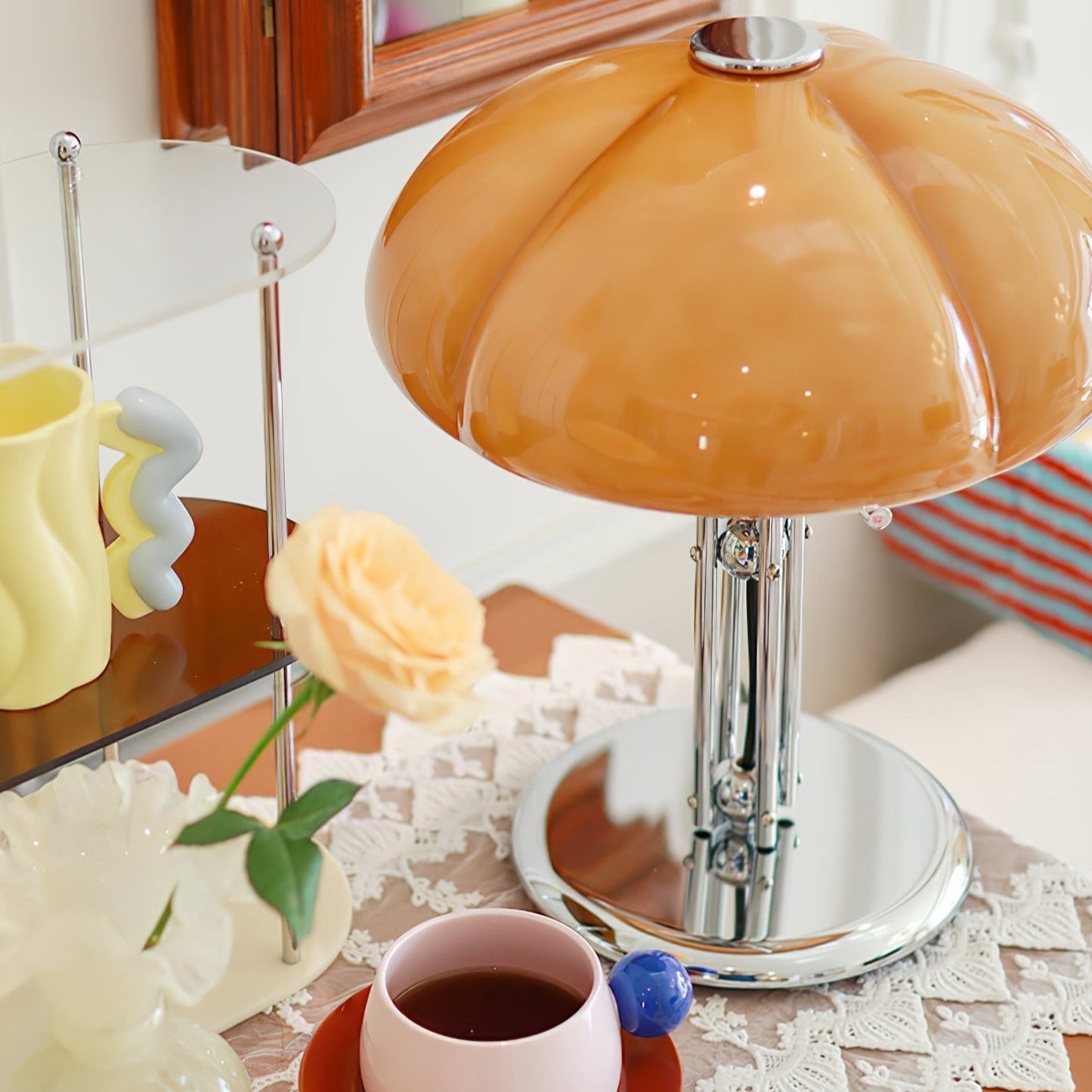 Mushroom Bauhaus Tablelamp with Amber Glass Shade and Metal Base NALANI