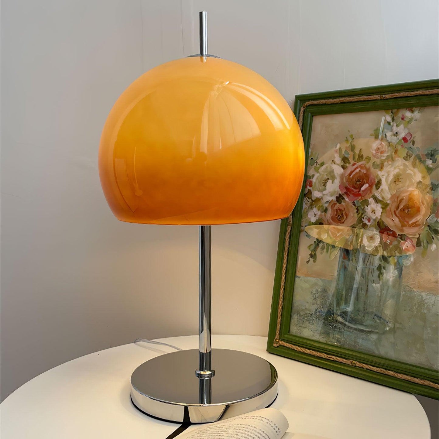 Mushroom Bauhaus Tablelamp with Amber Glass Shade and Metal Base NALANI