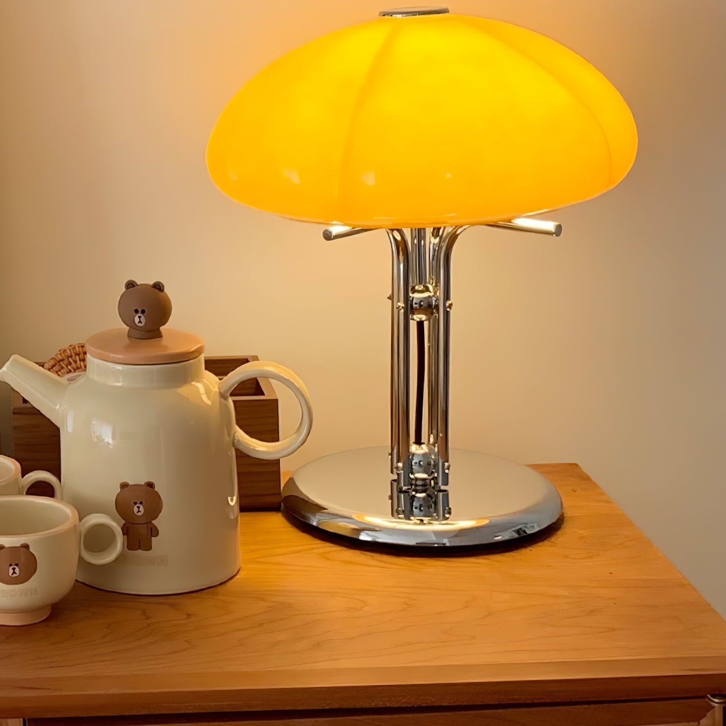 Mushroom Bauhaus Tablelamp with Amber Glass Shade and Metal Base NALANI