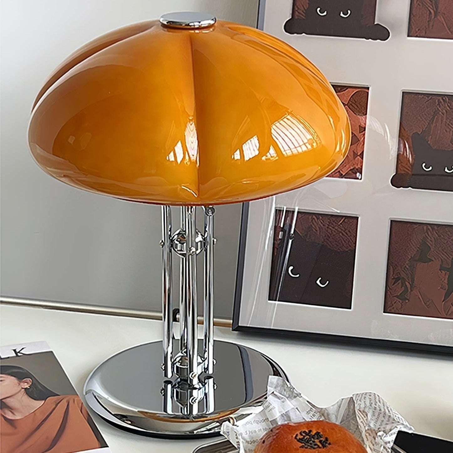 Mushroom Bauhaus Tablelamp with Amber Glass Shade and Metal Base NALANI