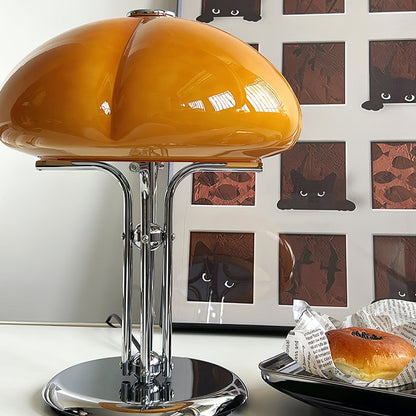 Mushroom Bauhaus Tablelamp with Amber Glass Shade and Metal Base NaLani
