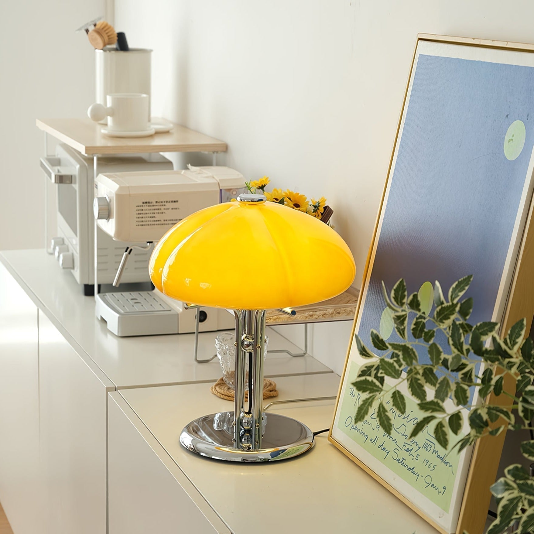 Mushroom Bauhaus Tablelamp with Amber Glass Shade and Metal Base NALANI