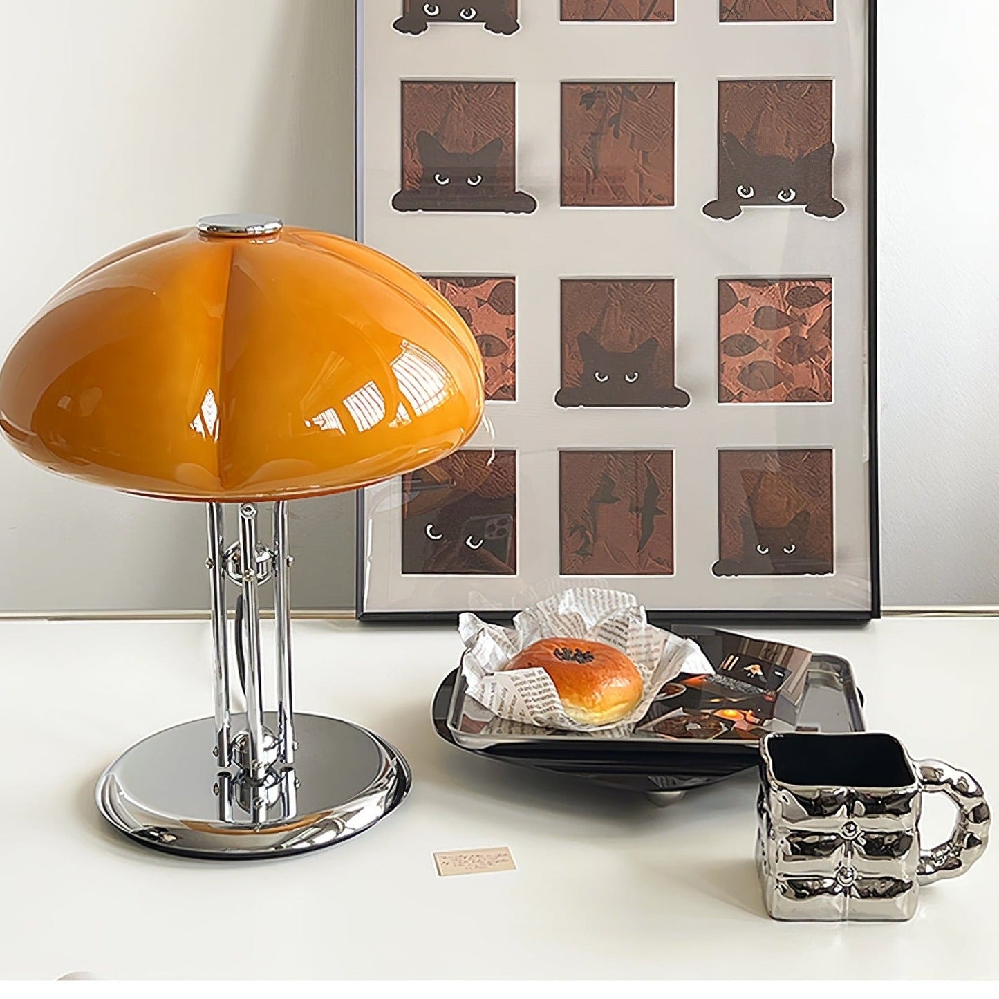 Mushroom Bauhaus Tablelamp with Amber Glass Shade and Metal Base NALANI