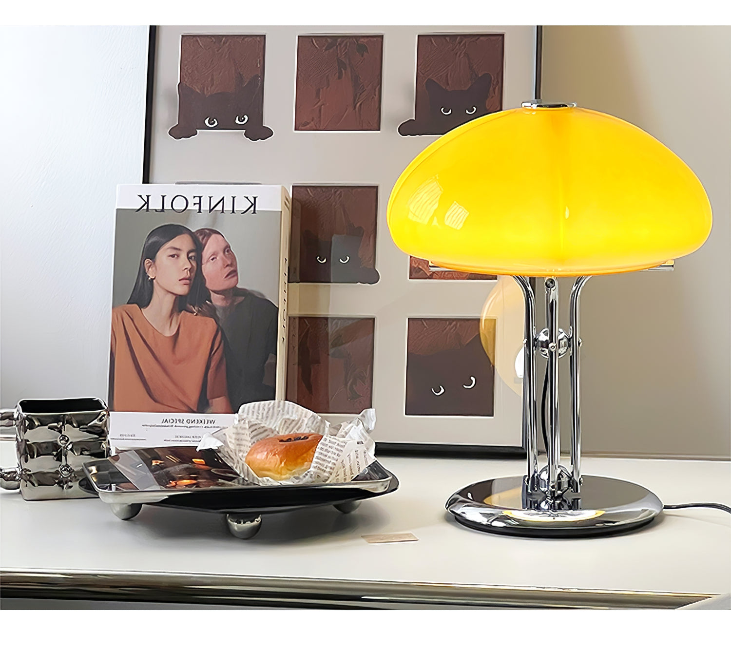 Mushroom Bauhaus Tablelamp with Amber Glass Shade and Metal Base NALANI