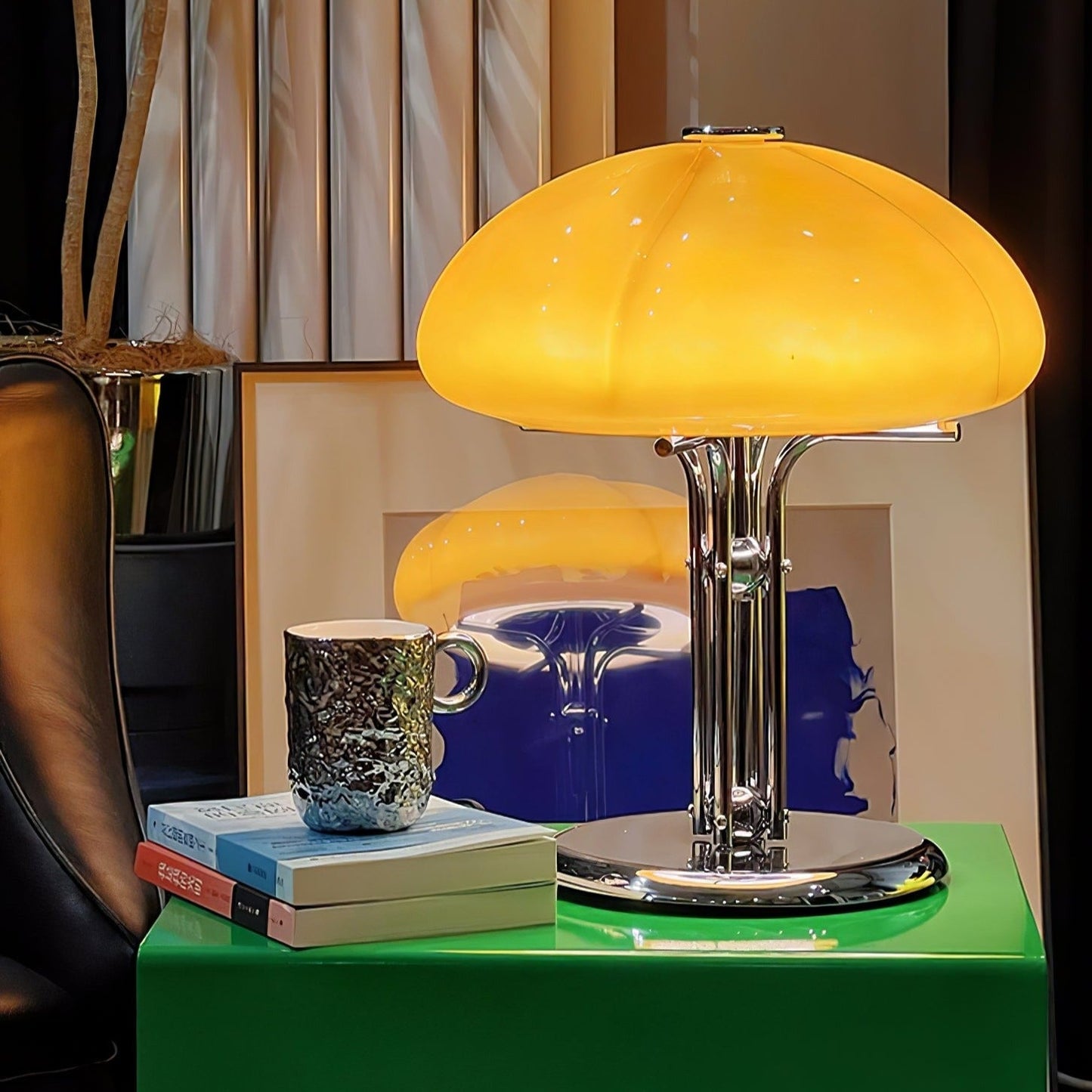 Mushroom Bauhaus Tablelamp with Amber Glass Shade and Metal Base NALANI