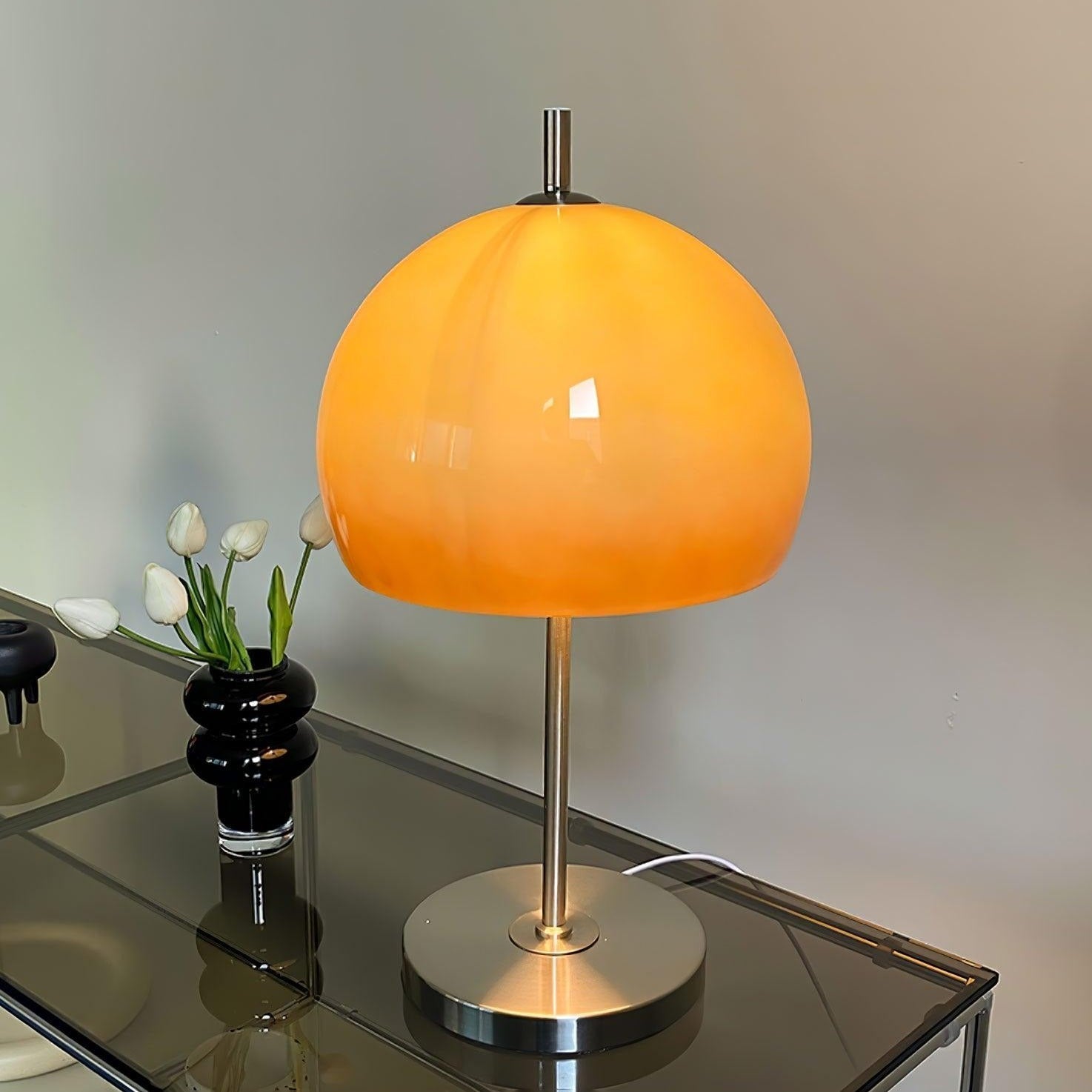 Mushroom Bauhaus Tablelamp with Amber Glass Shade and Metal Base Model A ∅ 9.8″ x H 21.7″ Dia 25cm x H 55cm Chrome & yellow NALANI