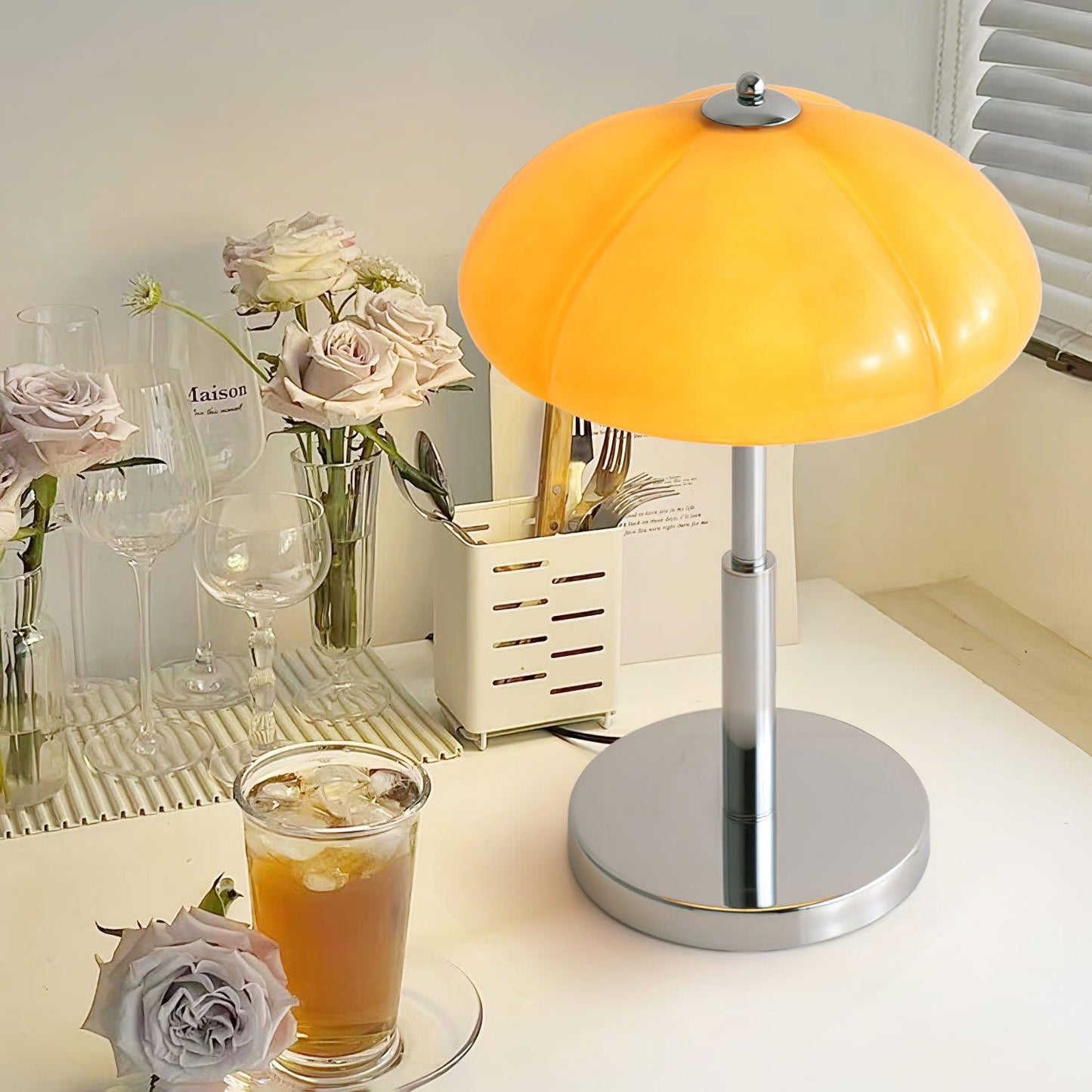 Mushroom Bauhaus Tablelamp with Amber Glass Shade and Metal Base Model B ∅ 11.8″ x H 14.2″ Dia 30 cm x H 36cm Chrome & yellow NALANI