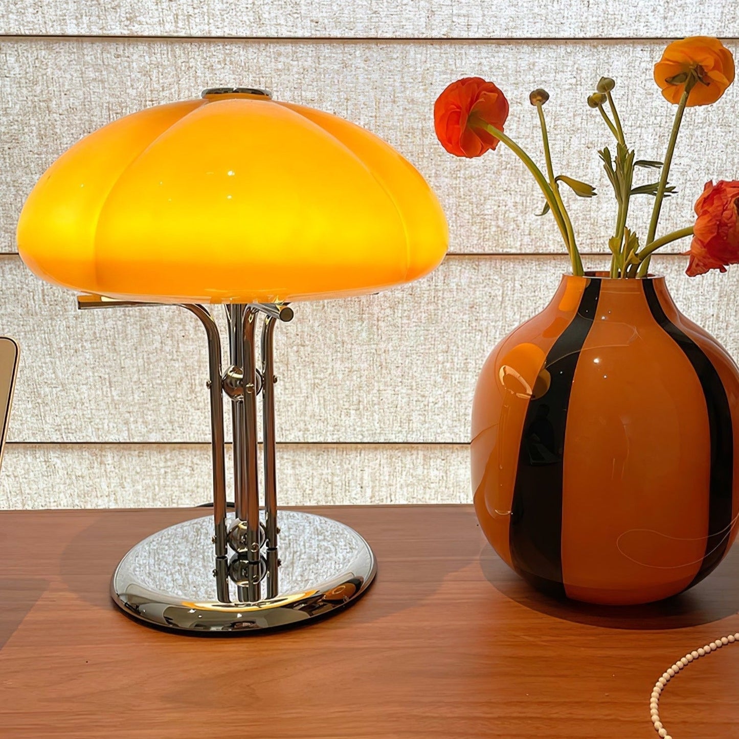 Mushroom Bauhaus Tablelamp with Amber Glass Shade and Metal Base Model C ∅ 11.8″ x H 14.2″ Dia 30 cm x H 36cm Chrome & yellow NALANI