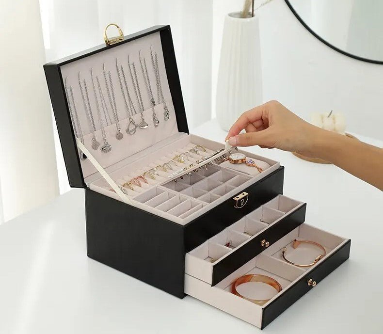 3-Tier Leather Jewellery Box - Multilayer Organiser with Drawers - Nalani - Fashion Clothing and Decor