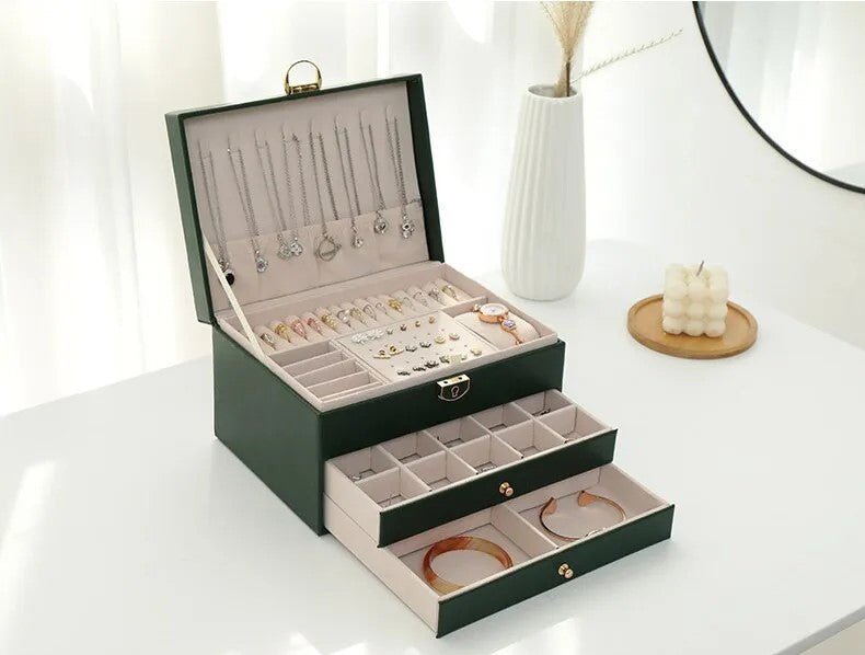 3-Tier Leather Jewellery Box - Multilayer Organiser with Drawers - Nalani - Fashion Clothing and Decor