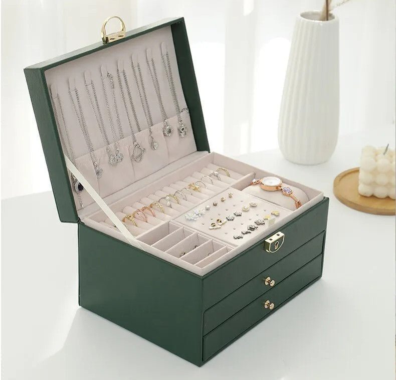 3-Tier Leather Jewellery Box - Multilayer Organiser with Drawers - Nalani - Fashion Clothing and Decor
