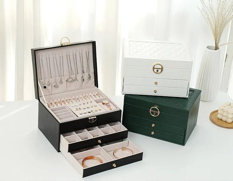 3-Tier Leather Jewellery Box - Multilayer Organiser with Drawers - Nalani - Fashion Clothing and Decor