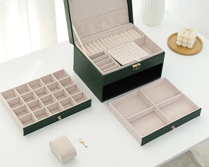 3-Tier Leather Jewellery Box - Multilayer Organiser with Drawers - Nalani - Fashion Clothing and Decor