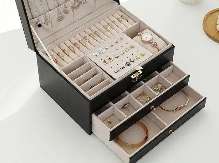 3-Tier Leather Jewellery Box - Multilayer Organiser with Drawers - Nalani - Fashion Clothing and Decor