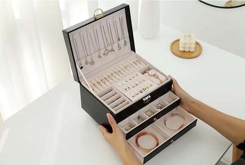 3-Tier Leather Jewellery Box - Multilayer Organiser with Drawers - Nalani - Fashion Clothing and Decor