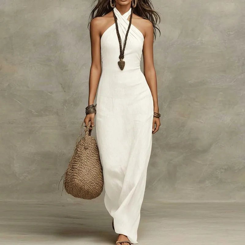 Adele Bohemian Halter Linen Dress With Flowing Silhouette - Nalani - Fashion Clothing and Decor