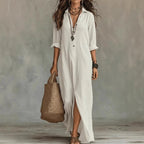 Agnes Linen Long Shirt Dress Relaxed Fit With Three-Quarter Sleeves - Nalani - Fashion Clothing and Decor