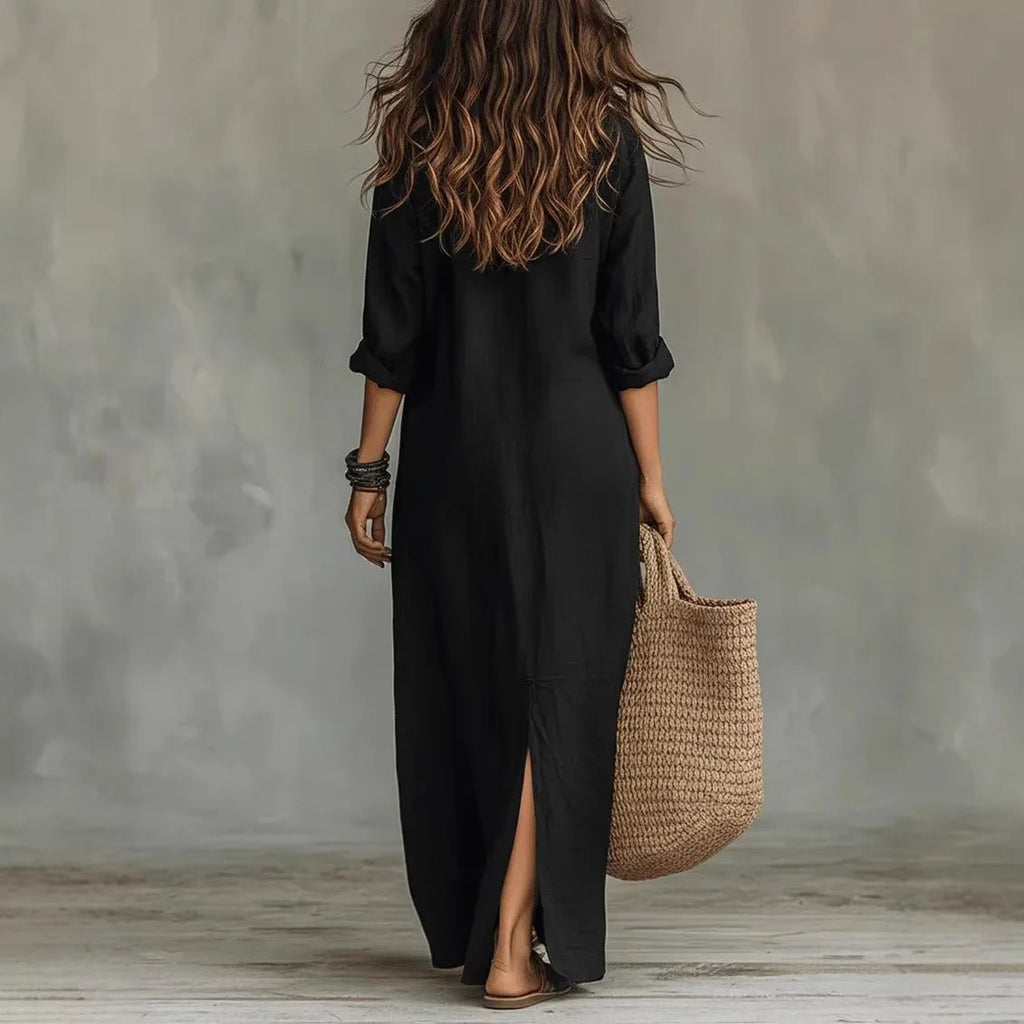 Agnes Linen Long Shirt Dress Relaxed Fit With Three-Quarter Sleeves - Nalani - Fashion Clothing and Decor