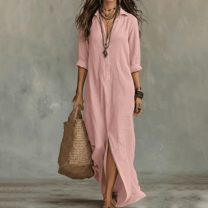 Agnes Linen Long Shirt Dress Relaxed Fit With Three-Quarter Sleeves - Nalani - Fashion Clothing and Decor