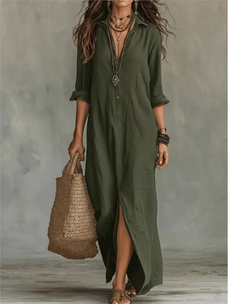 Agnes Linen Long Shirt Dress Relaxed Fit With Three-Quarter Sleeves - Nalani - Fashion Clothing and Decor