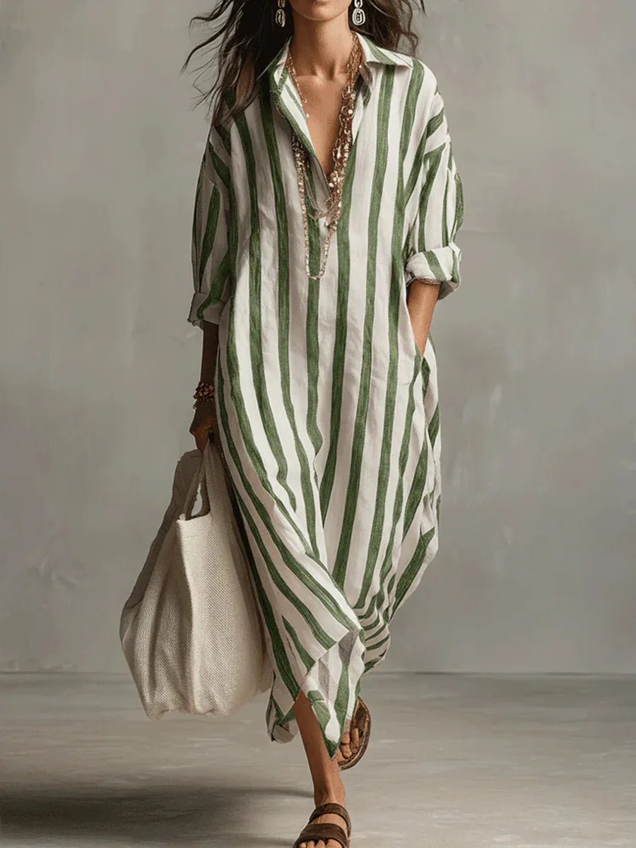 Amaris Linen Long Shirt Dress With Relaxed Fit And Open Neckline - Nalani - Fashion Clothing and Decor