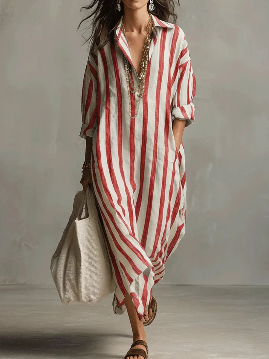 Amaris Linen Long Shirt Dress With Relaxed Fit And Open Neckline - Nalani - Fashion Clothing and Decor