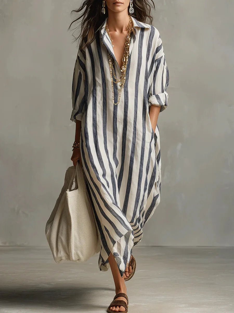 Amaris Linen Long Shirt Dress With Relaxed Fit And Open Neckline - Nalani - Fashion Clothing and Decor