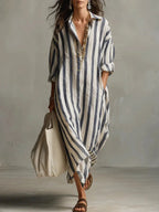 Amaris Linen Long Shirt Dress With Relaxed Fit And Open Neckline - Nalani - Fashion Clothing and Decor