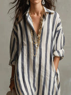 Amaris Linen Long Shirt Dress With Relaxed Fit And Open Neckline - Nalani - Fashion Clothing and Decor