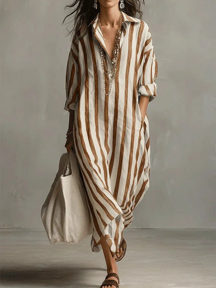 Amaris Linen Long Shirt Dress With Relaxed Fit And Open Neckline - Nalani - Fashion Clothing and Decor
